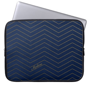 Elegant Navy-Gold Chevron Pattern with Custom Name Laptop Sleeve