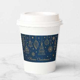 Elegant Navy Gold Christmas Pattern Paper Cups