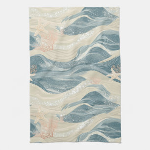 Elegant Navy Gold Coastal Waves Starfish Tea Towel