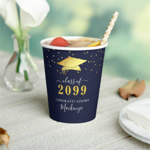 Elegant Navy Gold Confetti Script Graduation Paper Cups