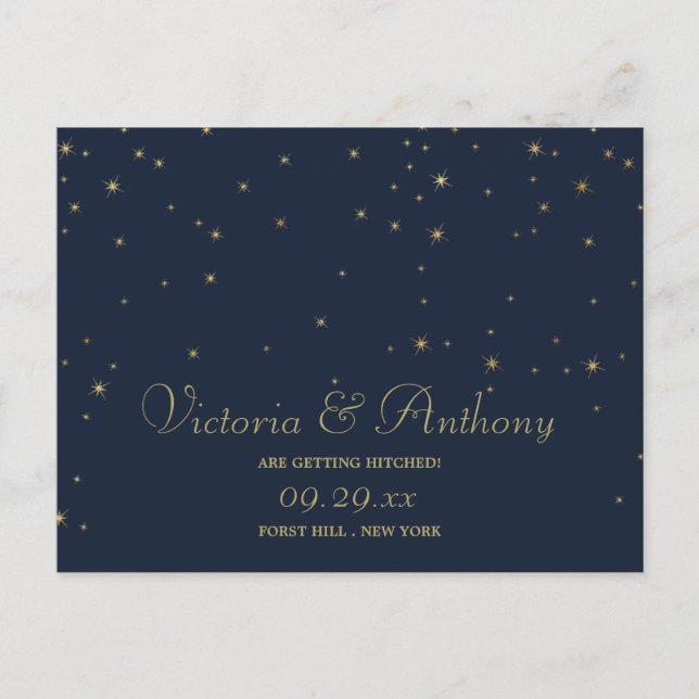 Elegant Navy & Gold Falling Stars Save The Date Announcement Postcard (Front)