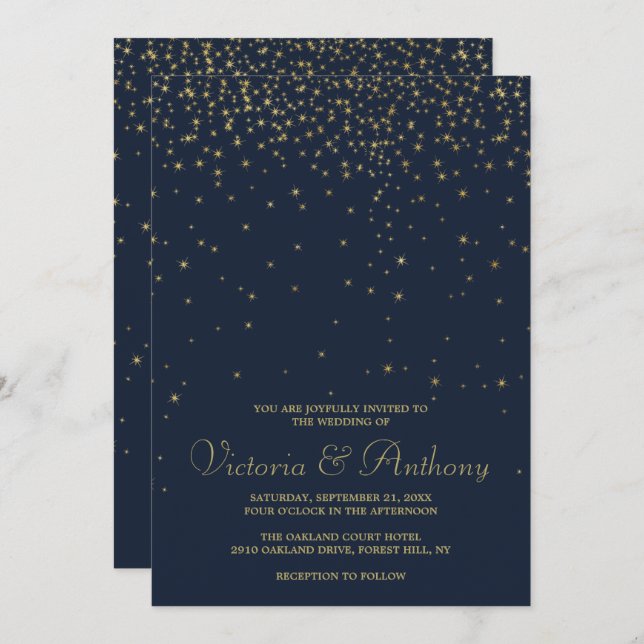 Elegant Navy & Gold Falling Stars Wedding Invitation (Front/Back)