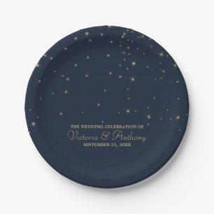 Elegant Navy & Gold Falling Stars Wedding Paper Plate