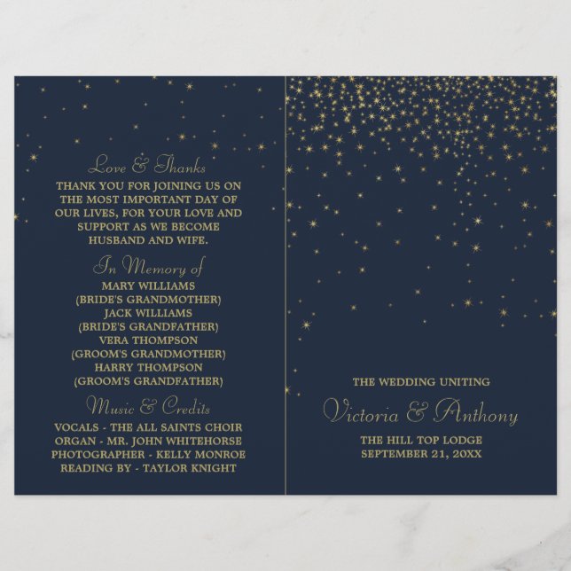 Elegant Navy & Gold Falling Stars Wedding Program (Front)