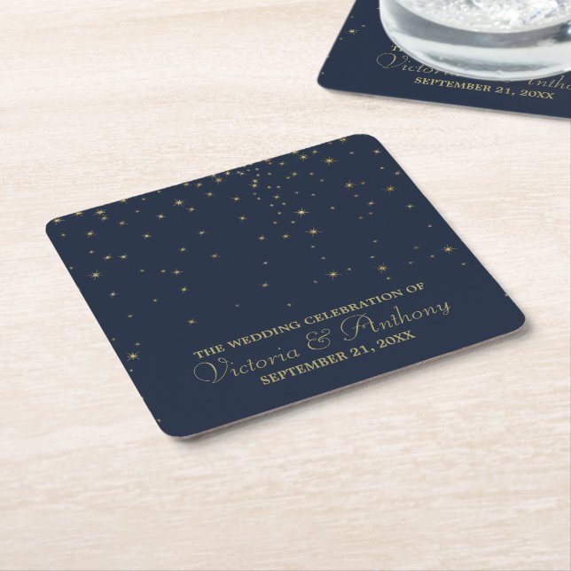 Elegant Navy & Gold Falling Stars Wedding Square Paper Coaster (Angled)