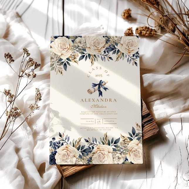 Elegant Navy Gold Floral Graduation  Invitation (Creator Uploaded)