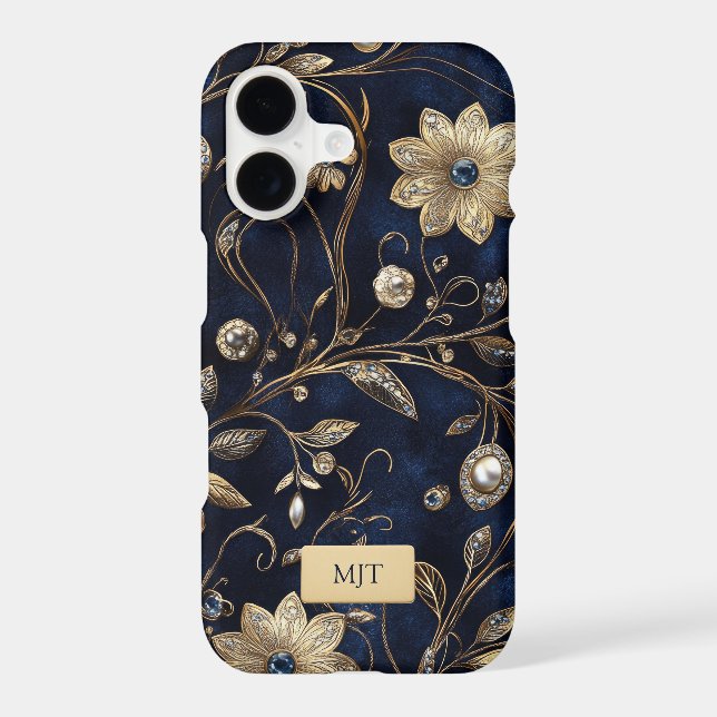 Elegant Navy Gold Floral Phone Case (Back)
