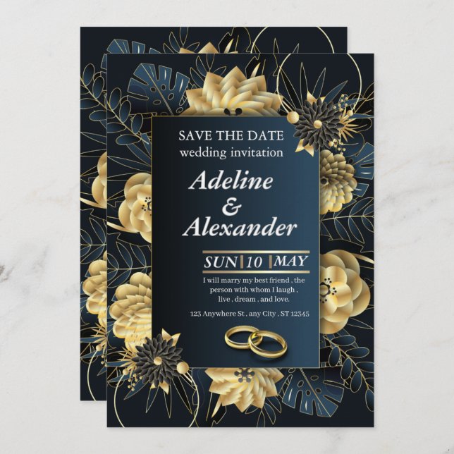 Elegant Navy Gold Floral Wedding Invitation (Front/Back)