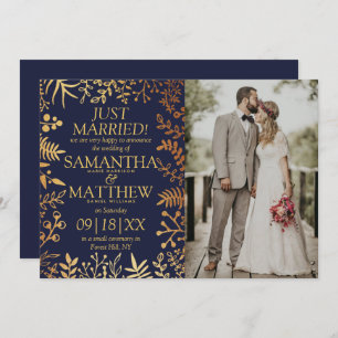 Elegant Navy & Gold Floral Wedding Photo Announcement