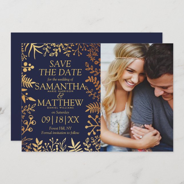 Elegant Navy & Gold Floral Wedding Photo Save The Date (Front/Back)