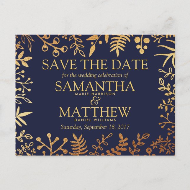 Elegant Navy & Gold Floral Wedding Save The Date Announcement Postcard (Front)