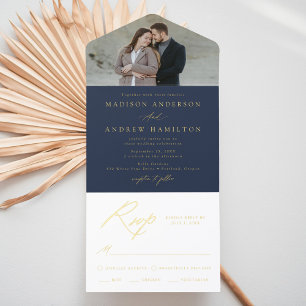 Elegant Navy Gold Foil Calligraphy Photo Wedding All In One Invitation