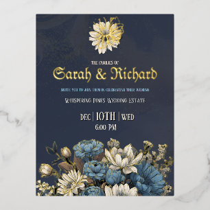 Elegant Navy & Gold Foil Floral Wedding Invitation Postcard