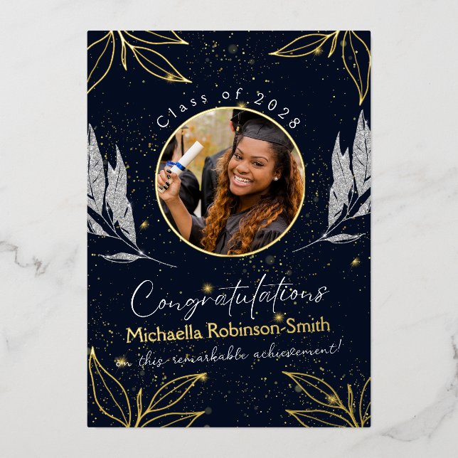 Elegant Navy Gold Foil Graduation Announcement (Front)