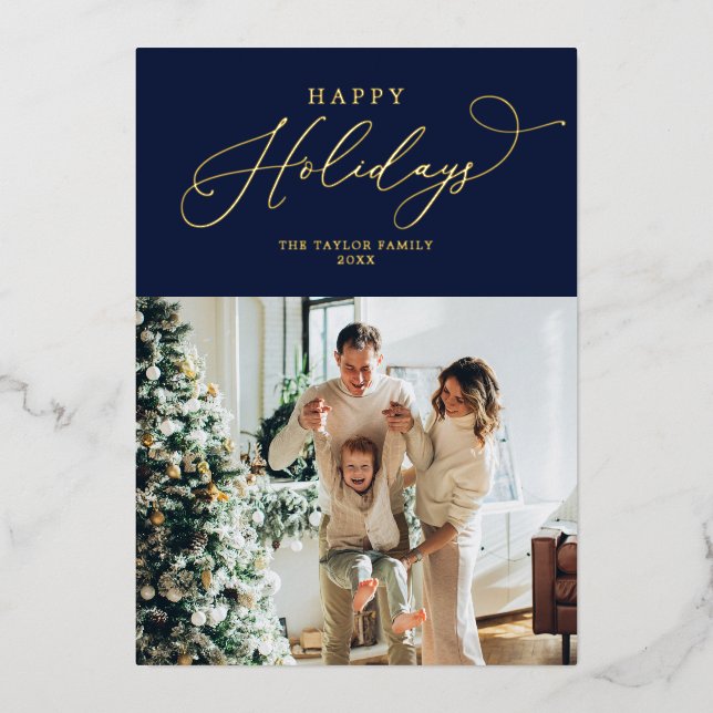 Elegant Navy Gold Foil Happy Holidays Christmas (Front)