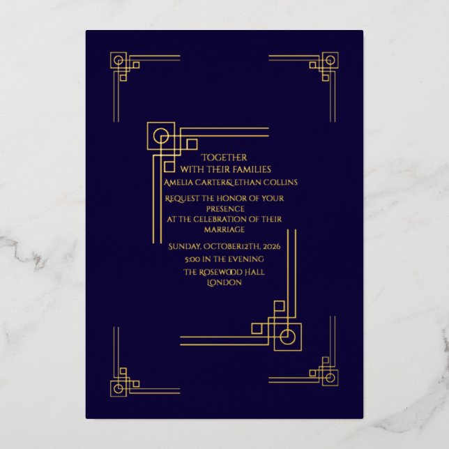 Elegant Navy& Gold foil invitation (Front)