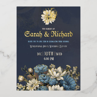 Elegant Navy Gold Foil Wedding Postcard