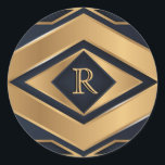 Elegant Navy Gold Geometric Monogram Sport Gift Classic Round Sticker<br><div class="desc">Add a personalized, luxurious touch to gifts, packaging, and special occasions with this elegant navy and gold geometric monogram sticker design. The bold Art Deco–inspired pattern features layered diamonds, clean gold accents, and a custom initial that creates a refined, upscale look. These round stickers are perfect for gift bag seals,...</div>
