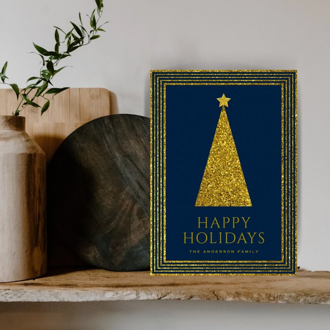 Elegant Navy Gold Glitter Christmas Tree Holiday Card (Creator Uploaded)