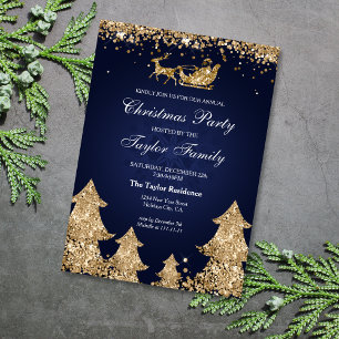 Elegant Navy Gold Glitter Christmas Tree Party Invitation