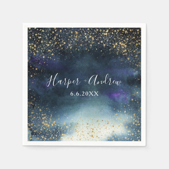 Elegant Navy Gold Glitter Wedding Napkin (Front)
