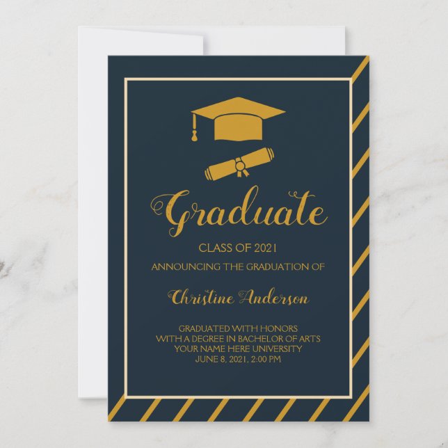 elegant navy gold graduate cap simple graduation  announcement (Front)