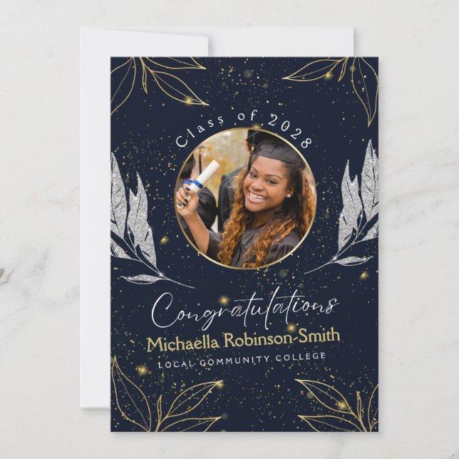 Elegant Navy Gold Graduation Announcement (Front)