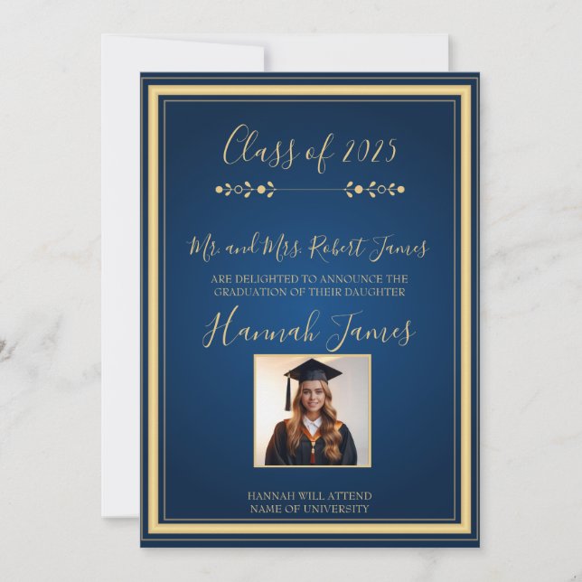 Elegant Navy & Gold Graduation Announcement  (Front)