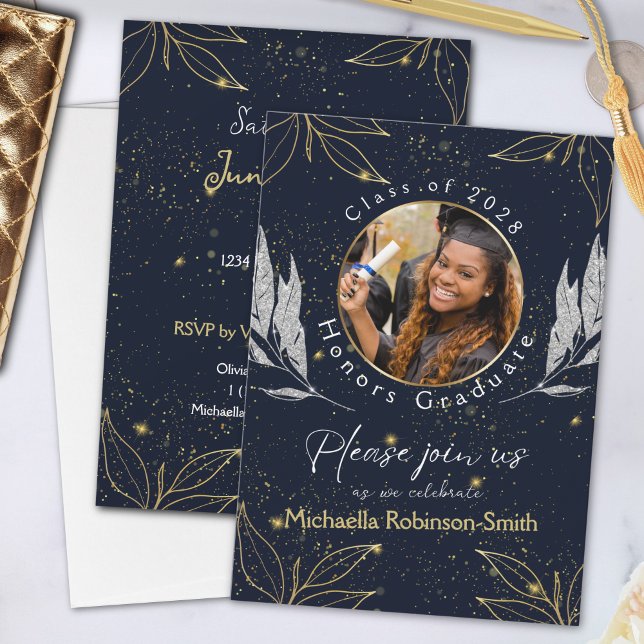 Elegant Navy Gold Graduation Party Invitation (Creator Uploaded)