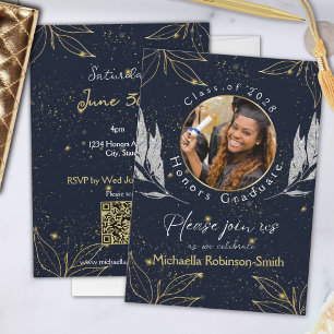 Elegant Navy Gold Graduation Party QR Code Invitation