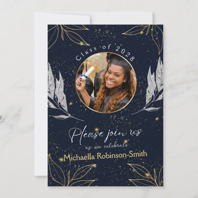 Elegant Navy Gold Graduation Party QR Code Invitation (Front)
