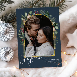 Elegant Navy Gold Greenery Arch Photo Holiday Card
