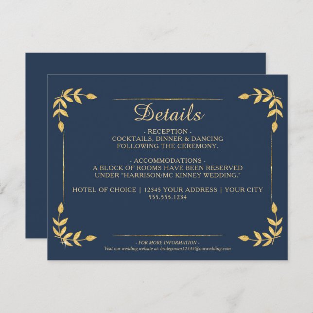 Elegant Navy Gold Greenery Classy Wedding Details Invitation (Front/Back)