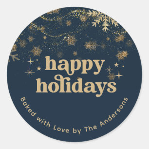 Elegant Navy Gold Happy Holidays Baked with Love Classic Round Sticker