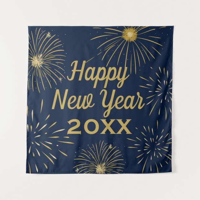 Elegant Navy Gold Happy New Year 2025 Backdrop Tapestry (Front)