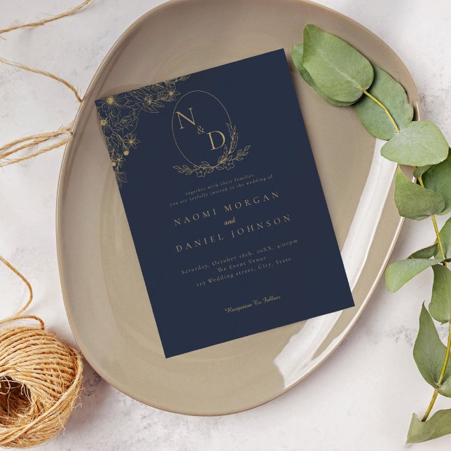 Elegant Navy Gold Initial Monogram Wedding Invitation (Creator Uploaded)