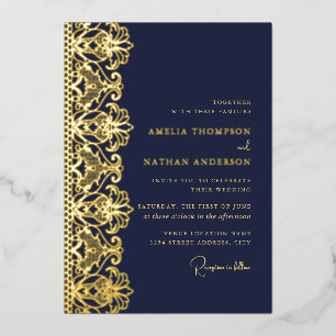 Elegant Navy Gold Lace Wedding  Foil Invitation