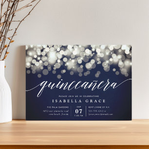Elegant Navy & Gold Lights Quinceanera Invitation