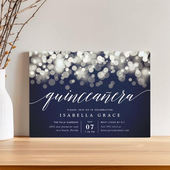 Elegant Navy & Gold Lights Quinceanera Invitation (Creator Uploaded)