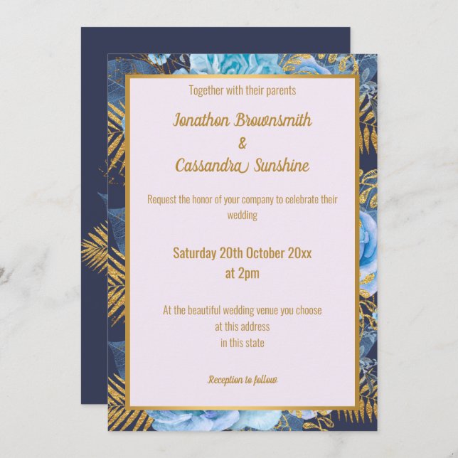 ELEGANT NAVY GOLD LILAC FLORAL WEDDING INVITATION (Front/Back)