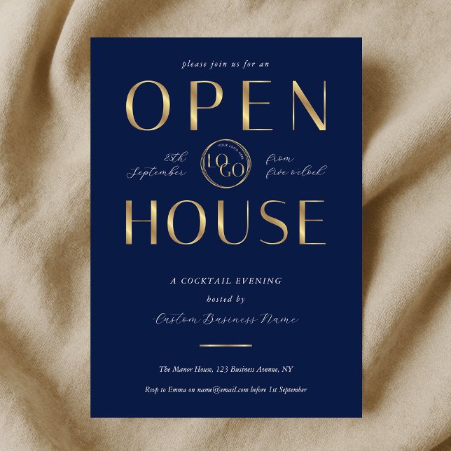 Elegant Navy & Gold Logo Business Open House Invitation (Creator Uploaded)