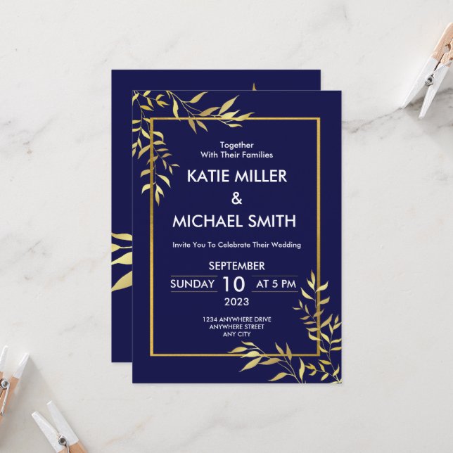 Elegant Navy & Gold Modern Wedding Invitation (Front/Back In Situ)