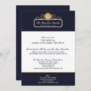 Elegant Navy Gold Monogram Family Reunion Invitation