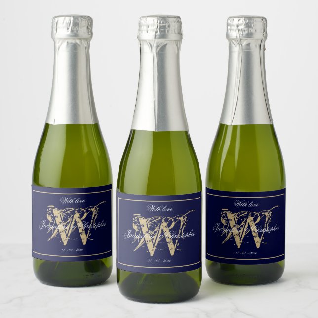 Elegant Navy Gold Monogram Names Chic Wedding Mini Sparkling Wine Label (Bottles)