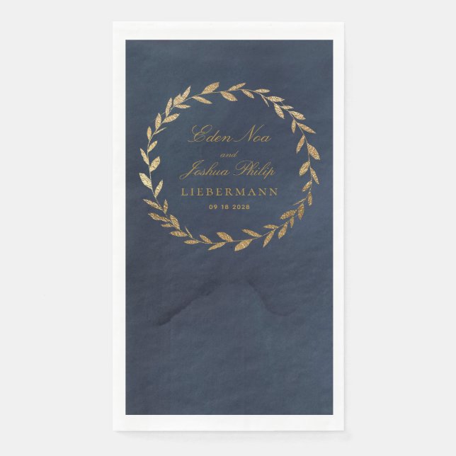 Elegant Navy & Gold Olive Branch Wreath Wedding Napkin (Front)