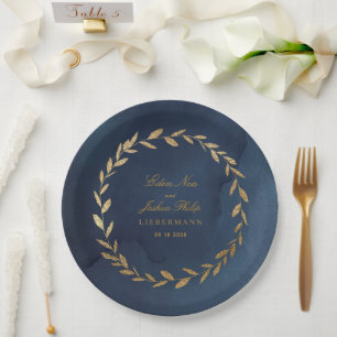 Elegant Navy & Gold Olive Branch Wreath Wedding Paper Plate