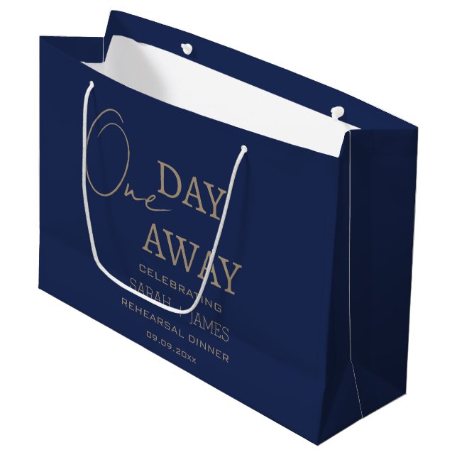 Elegant Navy & Gold One Day Away Wedding Party Large Gift Bag (Front Angled)