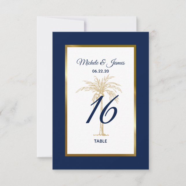 Elegant Navy Gold Palm Tree Wedding Table Number (Front)