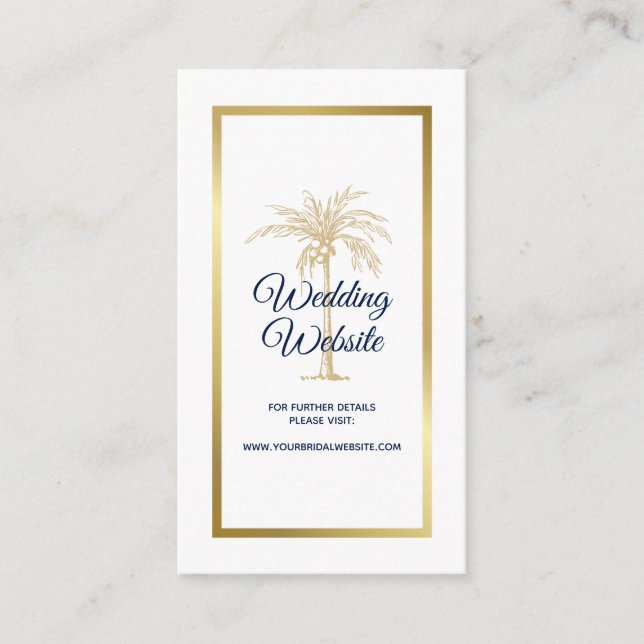 Elegant Navy Gold Palm Tree Wedding Website Enclosure Card (Front)