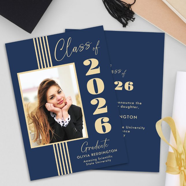Elegant Navy Gold Photo Frame 2025 Graduation Announcement (Creator Uploaded)